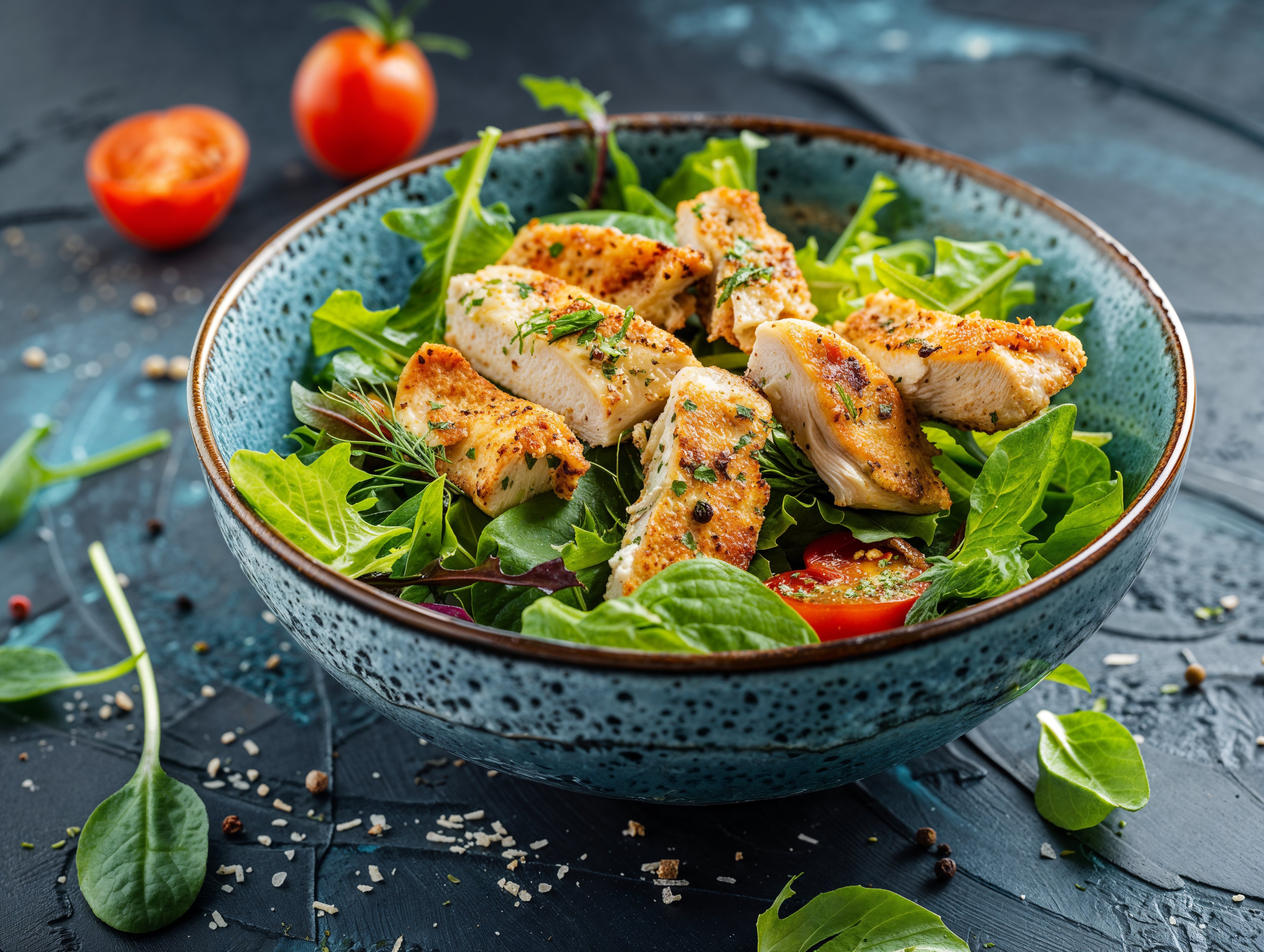 Marineeritud kana rinnafilee sisetükist valmistatud Caesari salat. Shutterstock